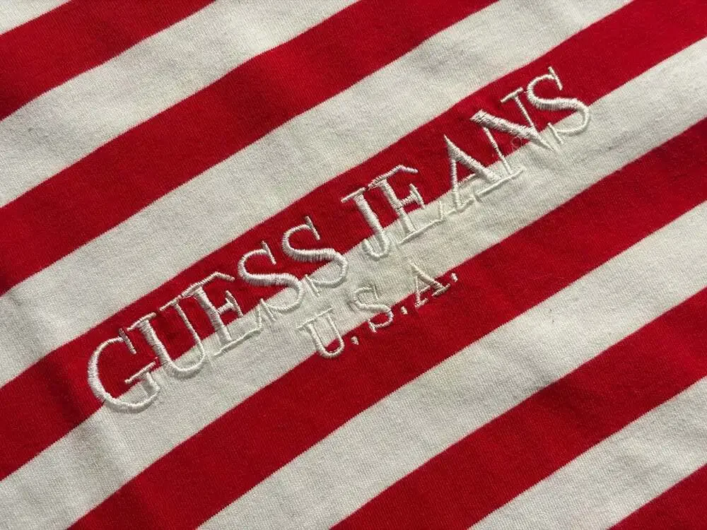Vintage 90s Guess Jeans Striped Embroidered Tee Candy Cane USA Made - Picture 2 of 9